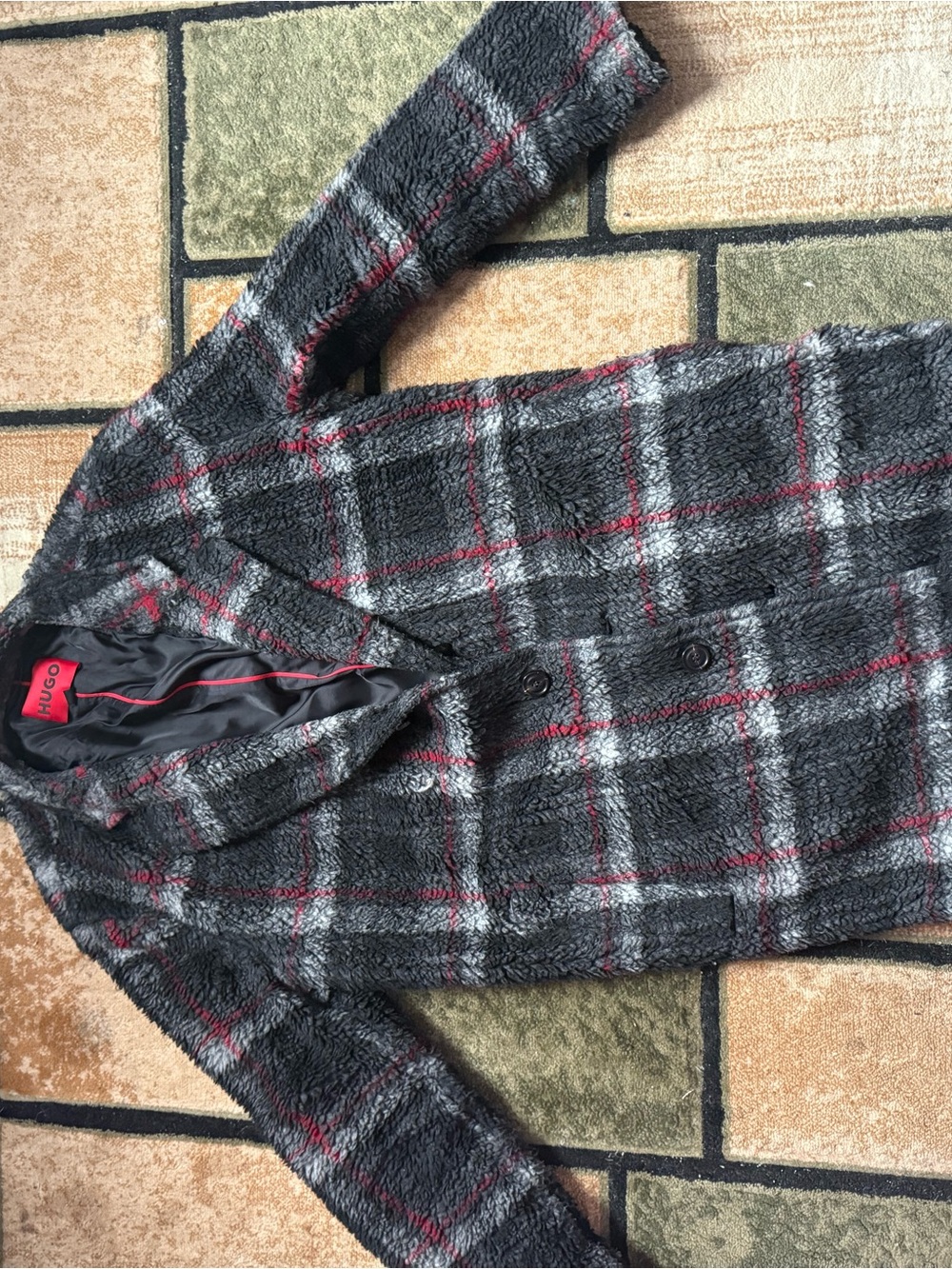 HUGO Gray & Red Plaid Plush Coat